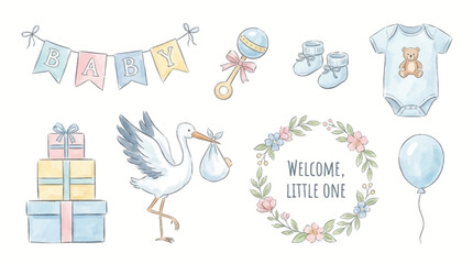 Watercolor Collection of Cute Baby Shower Elements Featuring Stork Gifts Rattle Garlands and Decorative Floral Wreath for Newborn Celebrations