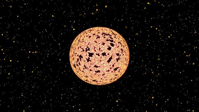 Realistic sun sphere radiating intense warmth animation. Fiery energy sphere exploding and particles are moving. Burning ball of flames in outer space. Solar flares erupts of cinematic cosmic view.