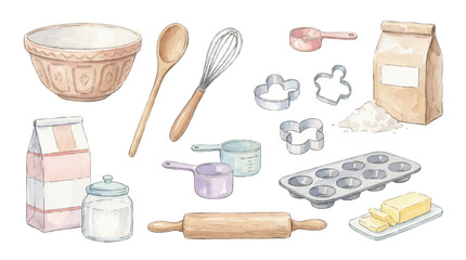 Watercolor Baking Essentials Collection Featuring Kitchen Utensils Mixing Bowls and Cooking Ingredients for Homemade Pastry Preparation