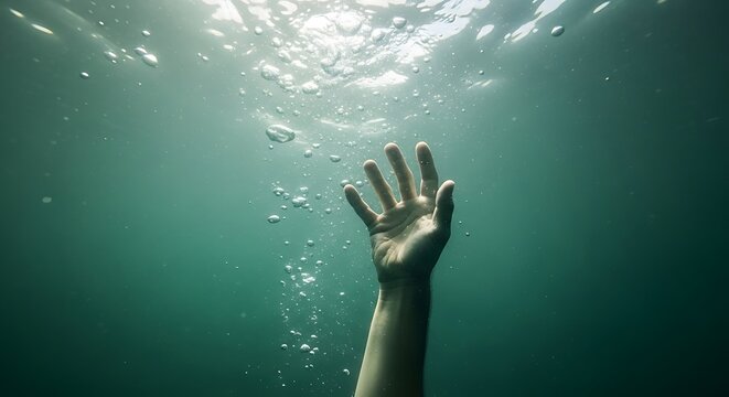 Hand reaching out underwater for help.