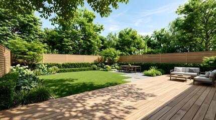 Fototapeta premium A serene backyard scene with a wooden deck, outdoor furniture, and lush greenery in a fenced garden on a sunny day with trees and a clear blue sky visible.