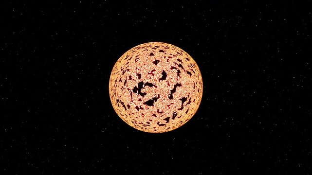 Realistic sun sphere radiating intense warmth animation. Fiery energy sphere exploding and particles are moving. Burning ball of flames in outer space. Solar flares erupts of cinematic cosmic view.
