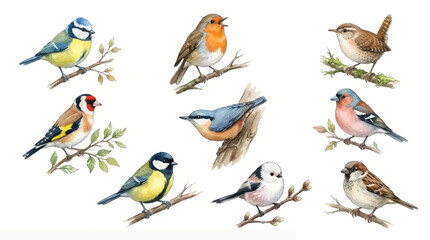 Fototapeta premium Set of Watercolor Illustrations Featuring Various Colorful European Garden Birds Perched on Tree Branches Isolated on White Background