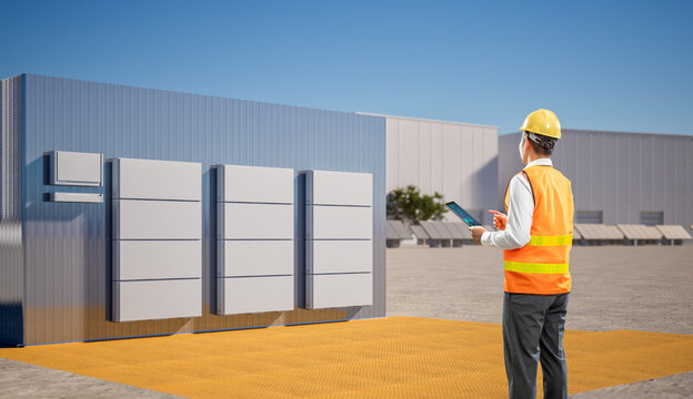 Asian engineer or technician with group of battery energy storage systems