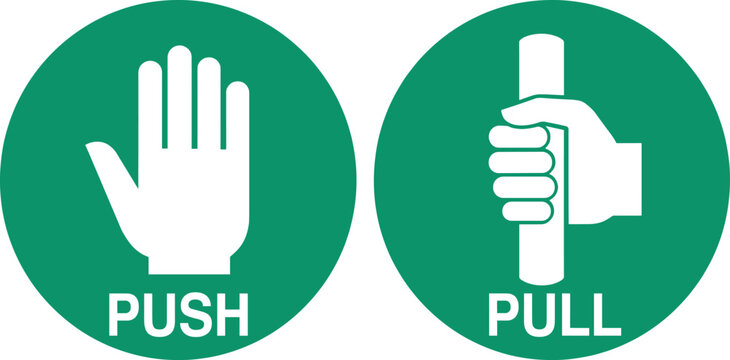 Push and Pull Door Icons Set with Hand Gesture Symbols for Entrance, Exit, Access Control, Public Buildings, Offices, and Safety Signage