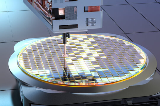 Robotic arms with silicon wafers for semiconductor manufacturing