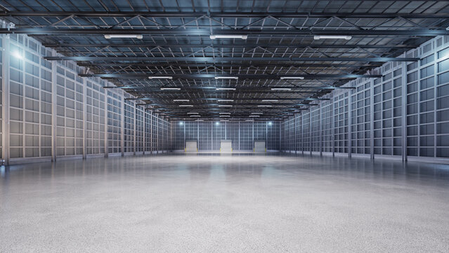 Empty factory interior fully enclosed with rolling shutter door
