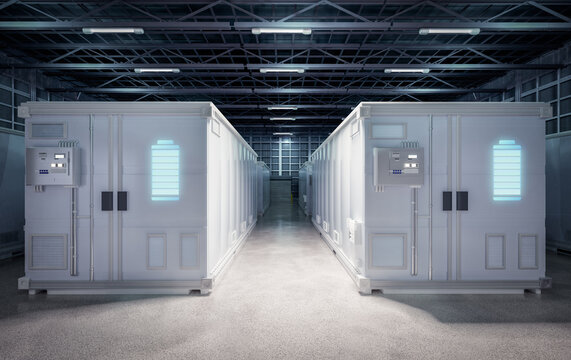 3d rendering group of energy storage systems or battery container units in factory