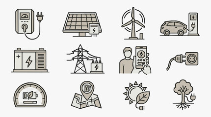 Fototapeta premium Clean Minimalist Line Drawing Icons Set Featuring Energy Electricity and Sustainability Concepts in Monochrome