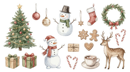 Obraz premium Hand Drawn Watercolor Christmas Illustration Set Featuring Festive Holiday Elements Including Trees Snowmen Reindeer Decorations and Gifts