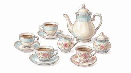 Fototapeta premium Elegant Vintage Floral Porcelain Tea Set with Teapot Cups and Creamer for High Tea Service