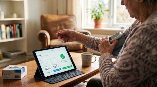 Senior woman measuring blood pressure at home using digital monitor connected to tablet app, remote healthcare monitoring system, elderly patient managing hypertension and heart...