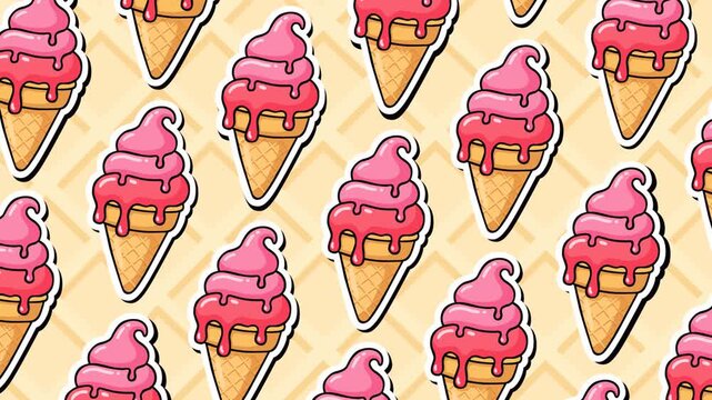 Seamless pattern featuring dripping pink ice cream cones on a soft waffle background. Perfect looping footage for summer themes, dessert promotions, candy shops