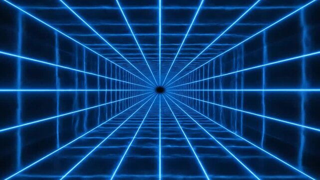 Futuristic digital tunnel with glowing blue light rays and grid patterns.
