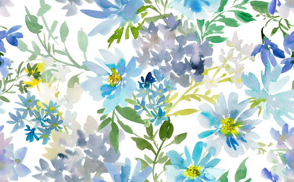 Watercolor blue floral seamless pattern with abstract hand painted hydrangea and wild flowers on a transparent background for fabric, home decor and wedding invitation