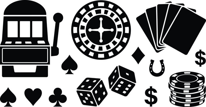 Casino and Gambling Vector Icon Set with Slot Machine Roulette Wheel Playing Cards Dice Chips and Lucky Symbols for Betting App Designs