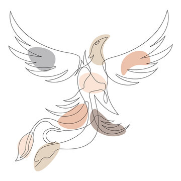 Continuous line art of a flying phoenix bird with abstract pastel shapes.