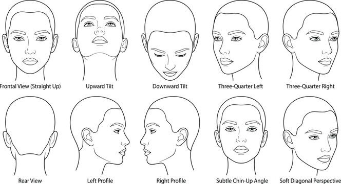 Human Head Angles and Perspectives Reference Guide Line Art Vector Illustration Set for Drawing Anatomy.