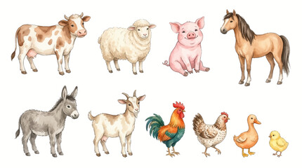 Obraz premium Collection of Hand Drawn Farm Animals Including Cow Sheep Pig Horse Donkey Goat Rooster Hen Duck and Chick Illustration Set