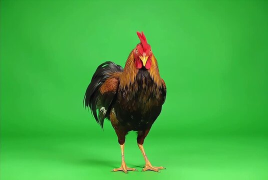 Colorful Domestic Rooster Flapping Wings and Crowing Loudly on Green Screen