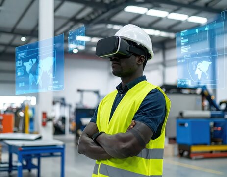 Worker in Virtual Reality Headset Wearing Safety Gear in Modern Industrial Warehouse Environment