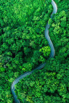 Aerial forest road with car creating abstract background for electric vehicle, ESG, sustainability and green investment business concepts.