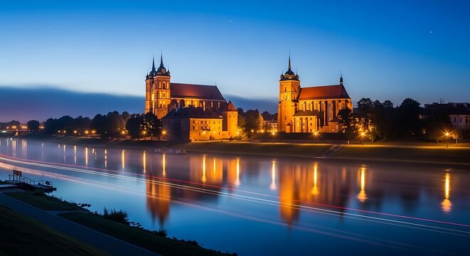 Illuminated historic cathedral and castle on a hill reflecting in a river at night.