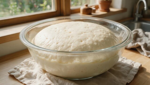 Homemade artisan bread baking in rustic cozy kitchen. Homemade bread dough rising in a glass bowl on a wooden countertop in a rustic kitchen with natural light