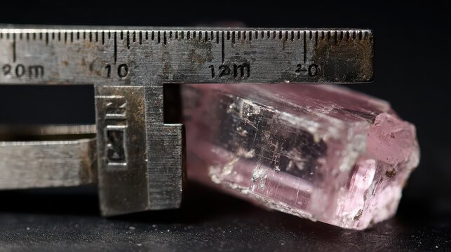 Pink tourmaline crystal measured with a caliper showing geological scale and mineralogy detail in studio lighting