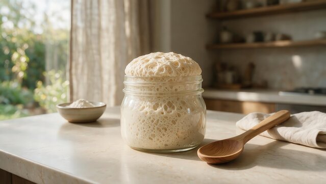 Homemade artisan bread baking in rustic cozy kitchen. Homemade bread dough rising in a glass jar on a kitchen countertop with a wooden spoon and bowl of flour nearby