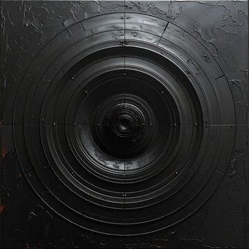 A dark, metallic, concentric circle design on a textured black background