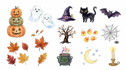 Obraz premium Watercolor Halloween Elements Collection with Cute Ghosts Jack O Lantern Pumpkins Spooky Witch Hat Cat Bat Autumn Leaves and Magical Pot