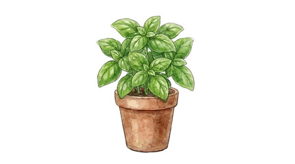 Fototapeta premium Hand Painted Watercolor Illustration of a Lush Green Basil Plant Growing Inside a Rustic Clay Pot on a Clean White Background