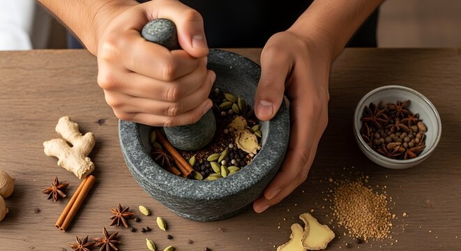 Hands grinding spices in mortar.