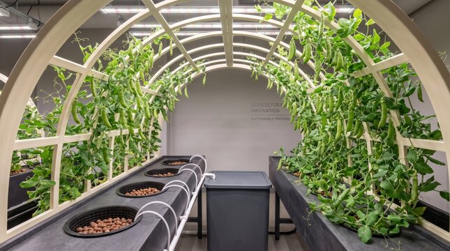 Productive pea vines climb a sculptural arched trellis above hydroponic grow beds in an agriculture lab, highlighting vertical support, recirculating nutrition, and innovative protein cultivation
