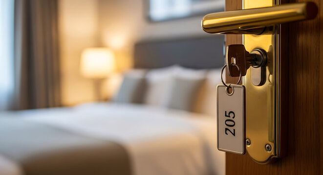 A hotel room door is ajar, revealing a neatly made bed and a key with the number 205 hanging from the handle.