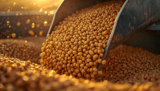 Golden Soybeans Pouring from Industrial Harvesting Bucket at Sunset