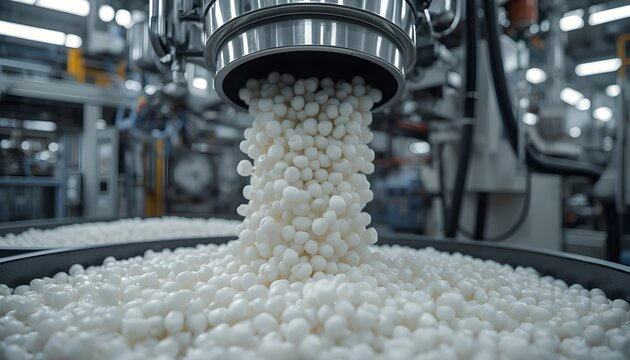 Industrial Food Processing Machine Dumping White Pellets or Beads