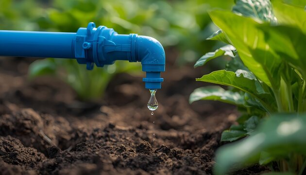 Blue Drip Irrigation System Watering Healthy Green Plants in Soil