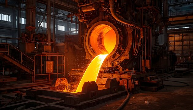 Molten Metal Pouring from Industrial Furnace in Steel Mill Facility