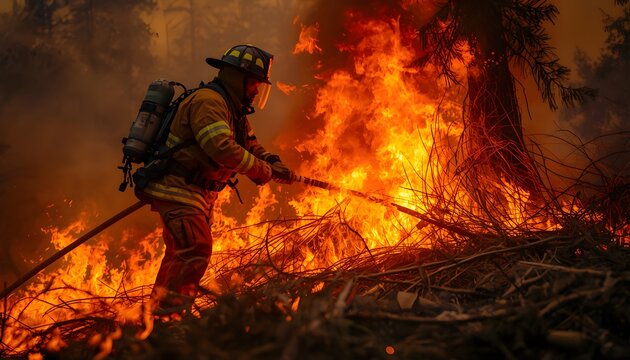 Firefighter Battling Intense Wildfire Flames with Hose in Forest