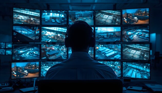 Security Operator Monitoring Surveillance Footage Across Multiple Screens