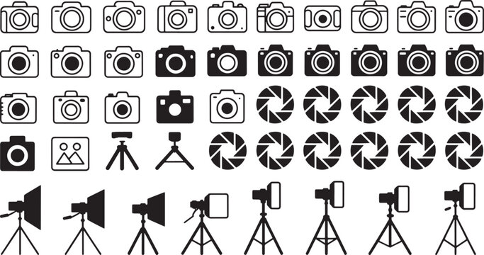 Photography camera icons, shutter aperture symbols and studio lighting equipment shapes and speed, blade, and light stand