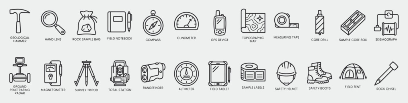 Geological Field Survey Equipment Line Icons Set, Geology Tools and Exploration Instruments Outline Collection. Vector Pictograms of Geological Hammer, Hand Lens, Rock Sample Bag, Field Notebook, etc.