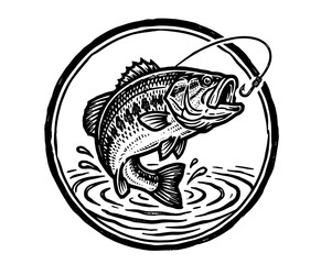 Fototapeta premium Largemouth bass striking fishing lure above water, retro engraving illustration, sport fishing vector illustration