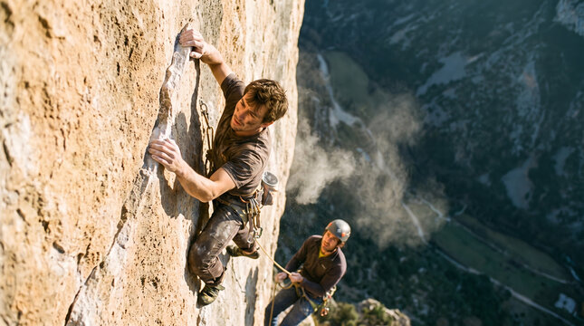 Male rock climber scaling vertical limestone cliff face, with safety harness and chalk bag, gripping rock handholds and looking upward, high above a mountainous canyon valley, adventure sports