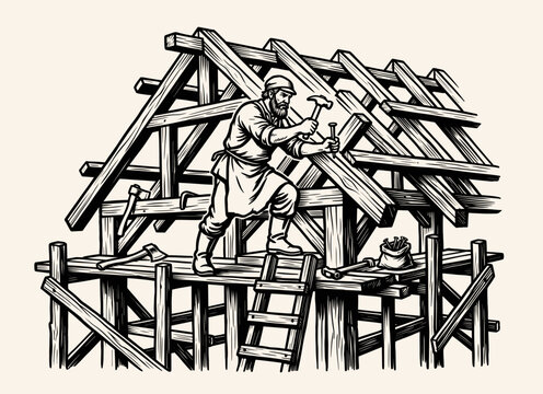 Carpenter building wooden roof frame with timber beams, vintage engraved illustration, construction and craftsmanship illustration
