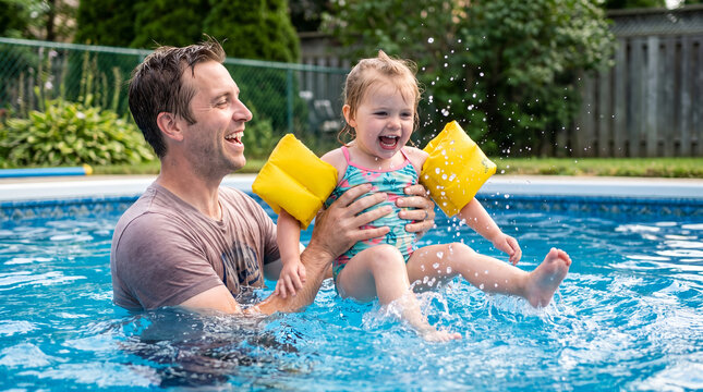 Father and toddler daughter wearing yellow inflatable arm bands, with water splashing around them, holding and lifting the child, in a blue backyard swimming pool, family lifestyle photography