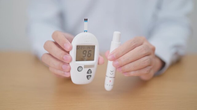 Hand checking Diabetes or Blood glucose self testing by digital blood glucose meter with lancet pen. high blood sugar level, World Diabetes Day, Glycemia, Hypoglycemia, Hyperglycemia and insulin