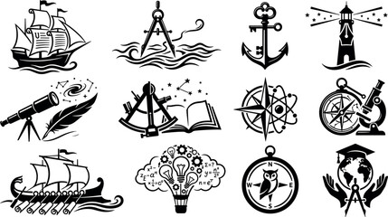 Set of travel and discovery icons featuring nautical themes navigation tools and science. © Tanzilur